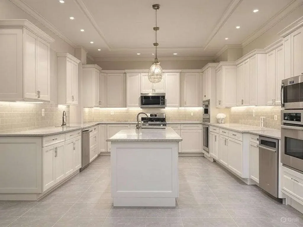 Spacious kitchen with light gray cabinets, centered island, stainless steel appliances, and soft lighting. The atmosphere is modern and sleek.