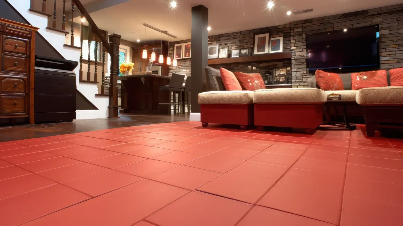 Stylish basement with red-tile floor, beige sectional sofa, and ambient lighting. Modern kitchen in the background, stone accent wall, and framed art.