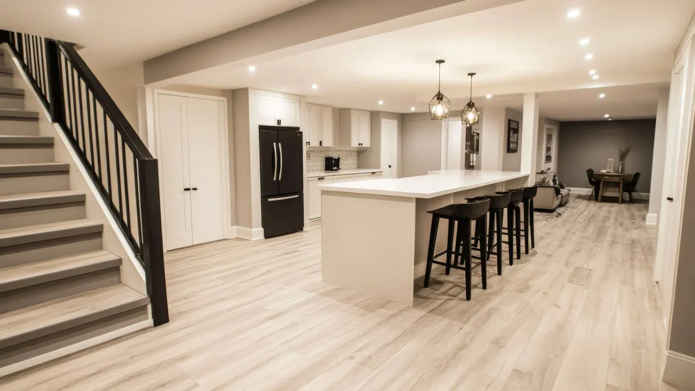 Spacious modern kitchen with light wood floors, white cabinets, and a long island with black stools. Elegant pendant lights create a warm ambiance.