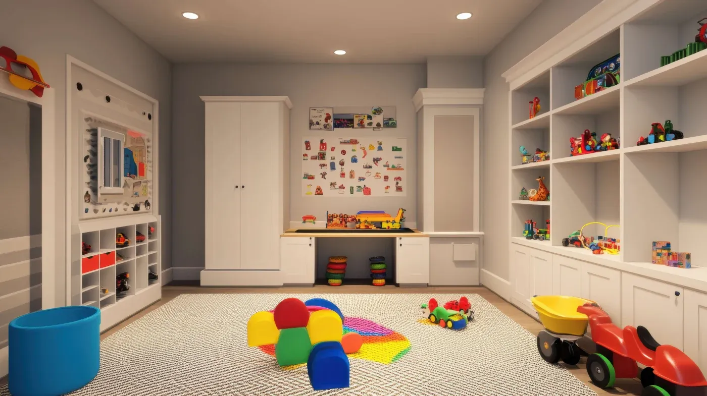 Bright playroom with shelves of colorful toys, a central play mat with geometric shapes, a small table, and cheerful wall decor. Cozy and inviting.