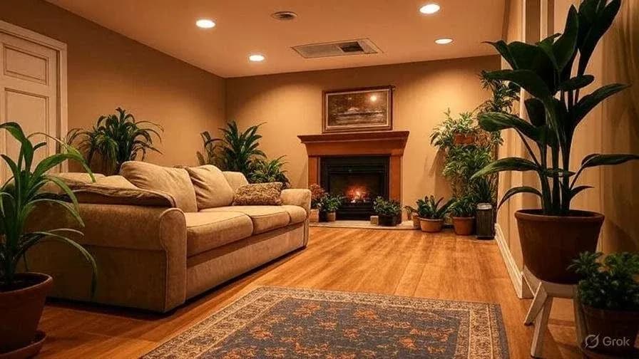 A cozy living room with a beige sofa, warm lighting, a lit fireplace, and numerous green potted plants on wooden floors, creating a tranquil atmosphere.