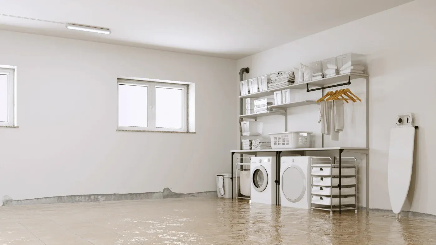A spacious, well-organized laundry room with two large windows, light-colored walls, washing and drying machines. Shelves hold towels, baskets, and cleaning supplies, creating a tidy and functional atmosphere.