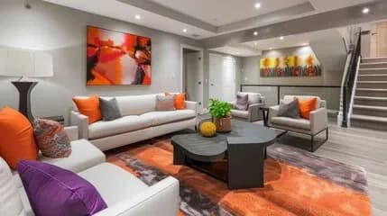 Spacious living room with white sofas, vibrant orange and purple cushions, abstract art, and a modern vibe. Orange rug complements minimalist decor.