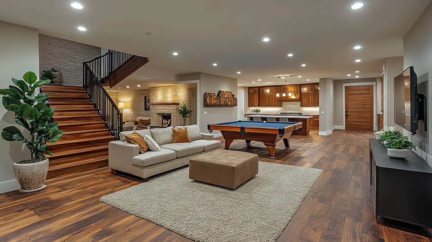 Spacious modern basement with warm wood floors, a pool table, plush beige sofa, and a large TV. Soft lighting and plants create a cozy ambiance.