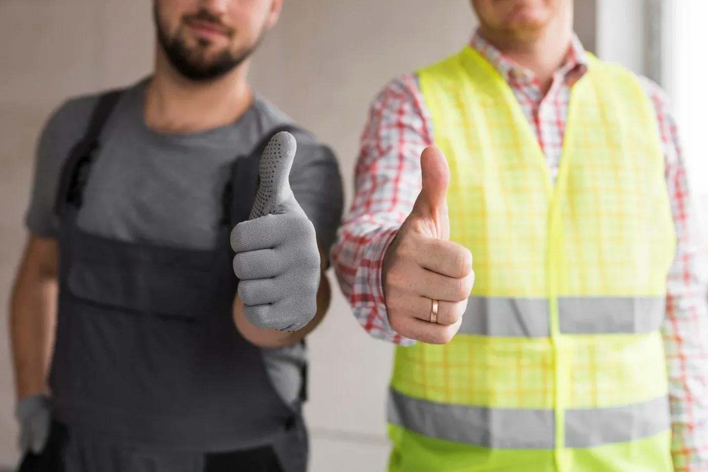 Two construction workers give thumbs up. One wears a gray uniform with gloves, the other a yellow safety vest. The mood is positive and supportive.