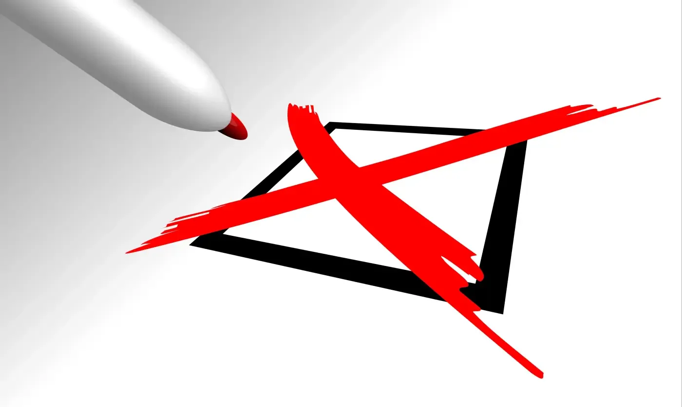 A red marker draws a bold red X over a black check box on a white background, conveying a sense of cancellation or disapproval.