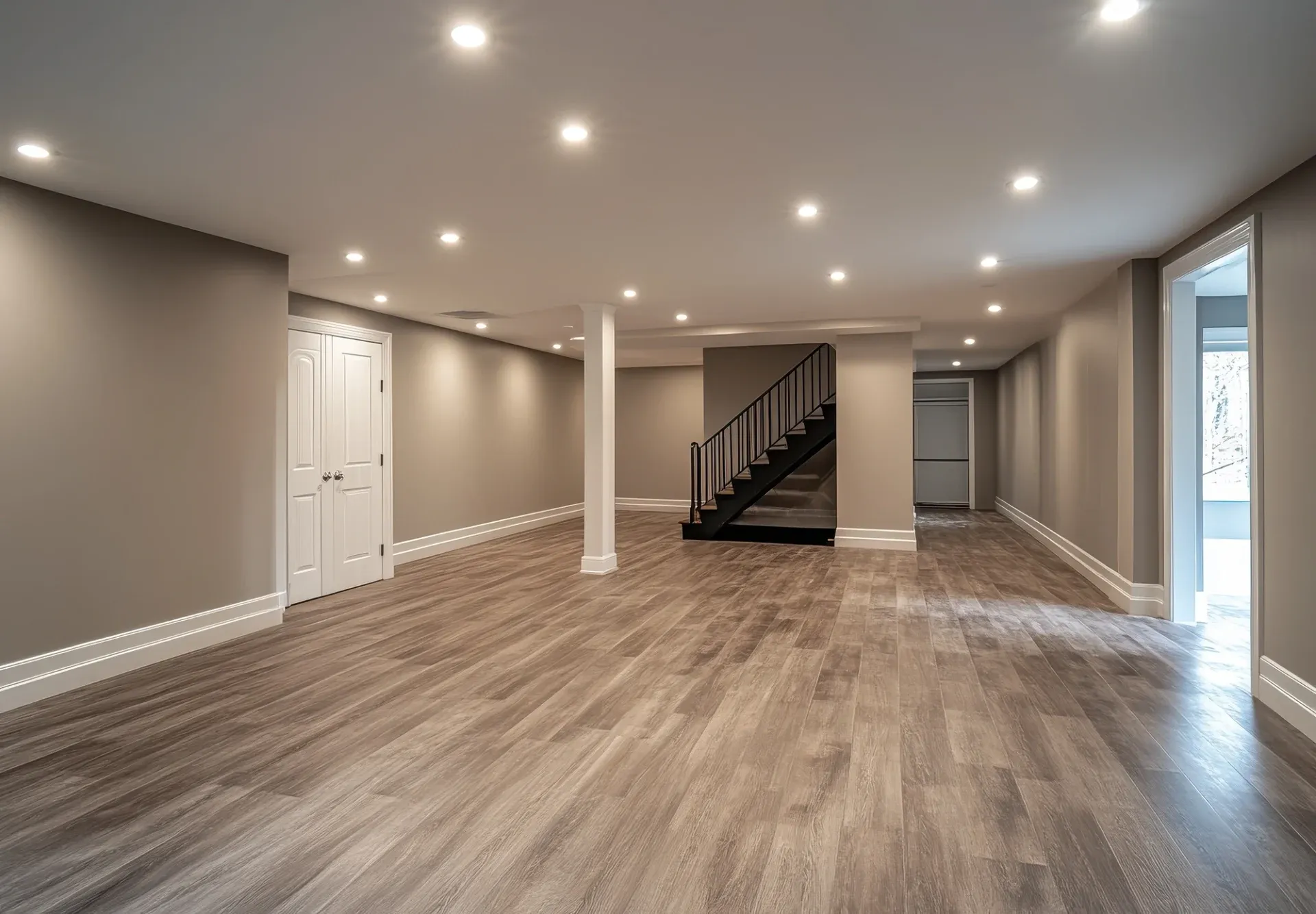 Spacious, modern basement with warm wood flooring and recessed lights. Neutral walls, white trim, and central staircase create an inviting, open atmosphere.