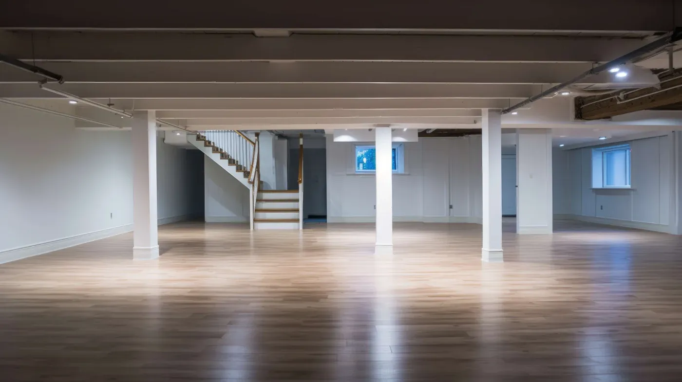 Spacious unfinished basement with light wood flooring, white walls, exposed beams, and stairway. Two small windows provide minimal natural light.