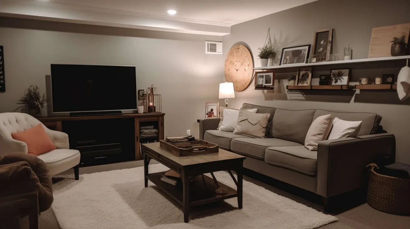 Cozy living room with gray sofa, white armchair, and wooden coffee table on a plush rug. Wall art and shelves adding warmth and elegance. Soft lighting.
