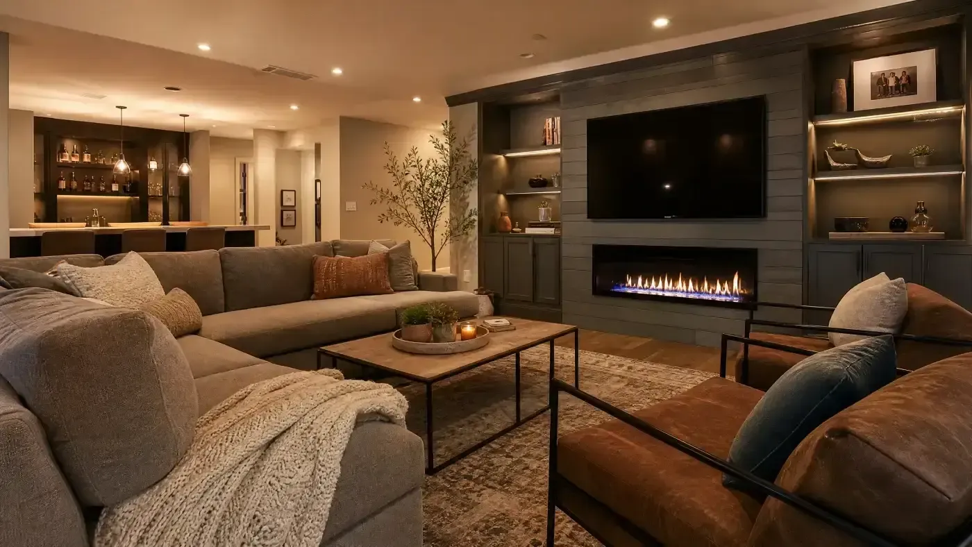 Luxury basement entertainment room with sectional seating, linear fireplace below mounted TV, built-in shelving, bar area with pendant lighting, and warm ambient lighting throughout