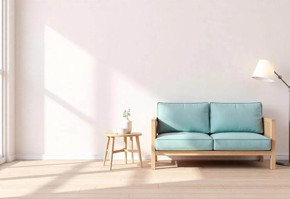 Minimalist living room with a light blue sofa and wooden frame, next to a round wooden table holding a plant. A modern floor lamp adds elegance.