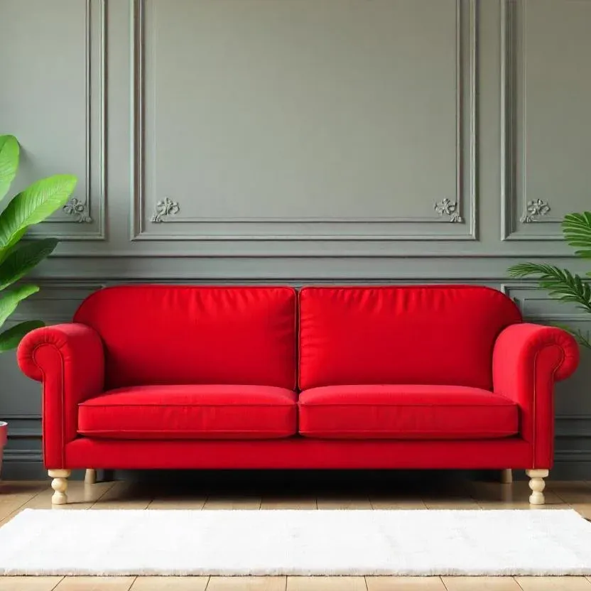 A vibrant red couch sits against an elegant gray paneled wall, flanked by lush green plants. The scene conveys a modern, stylish ambiance.