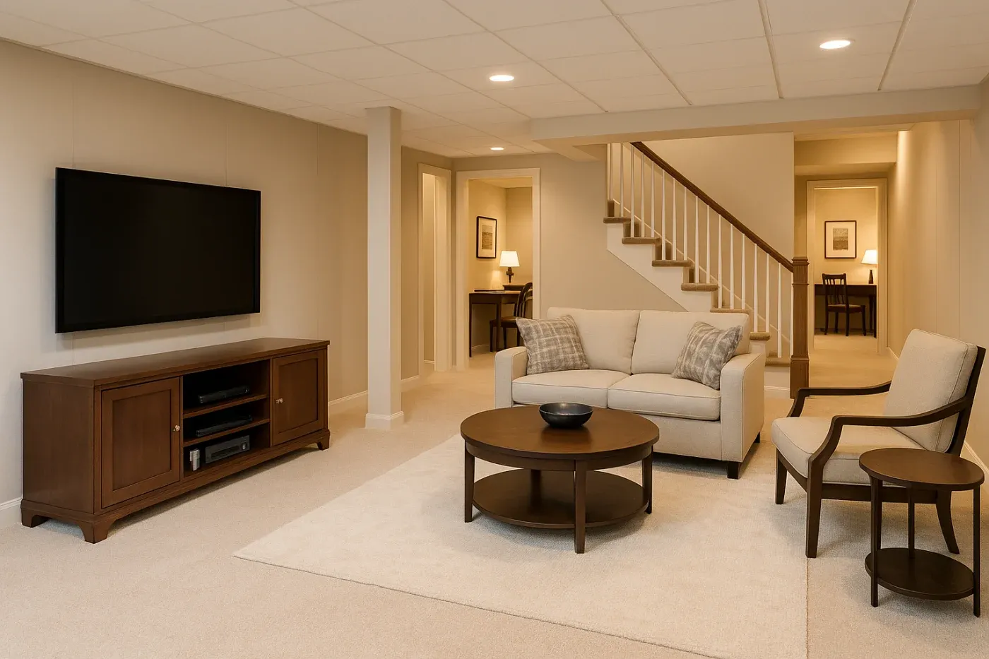 Cozy basement living room with beige walls and carpet, featuring a sofa, armchair, wooden tables, TV stand, flat-screen TV, and a staircase. Warm lighting.