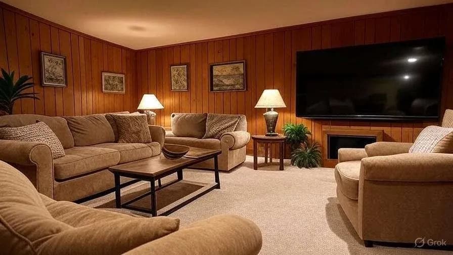 Cozy living room with wood-paneled walls, beige sofas, and soft lighting from table lamps. A large TV and framed art add warmth and comfort.