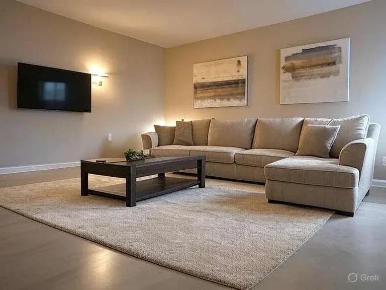 A modern living room with a beige sectional sofa, dark wooden coffee table, abstract art on the walls, flat-screen TV, and warm lighting.