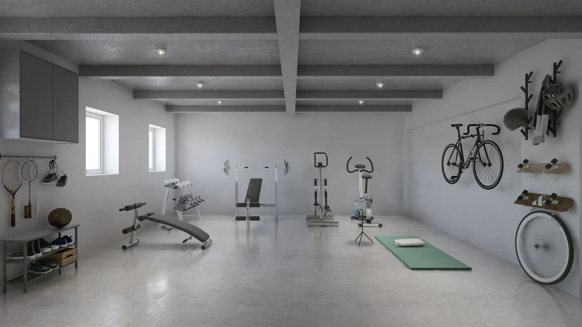 Home gym with equipment: treadmill, stationary bike, dumbbells, and a bench. A wall-mounted bicycle and a yoga mat create an organized, minimalist feel.