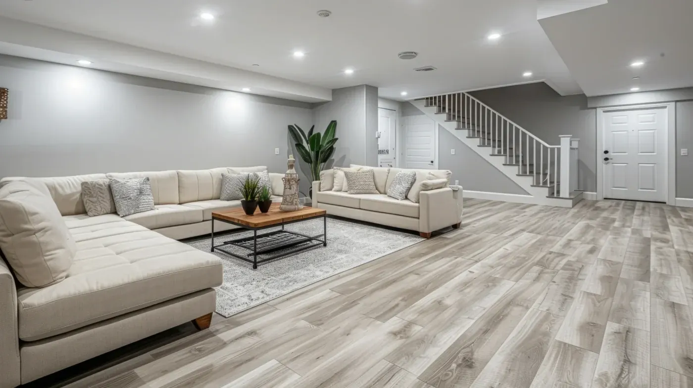 Spacious modern living room with light gray walls, wood flooring, and a large beige sectional sofa. A coffee table on a rug and stairs add elegance.