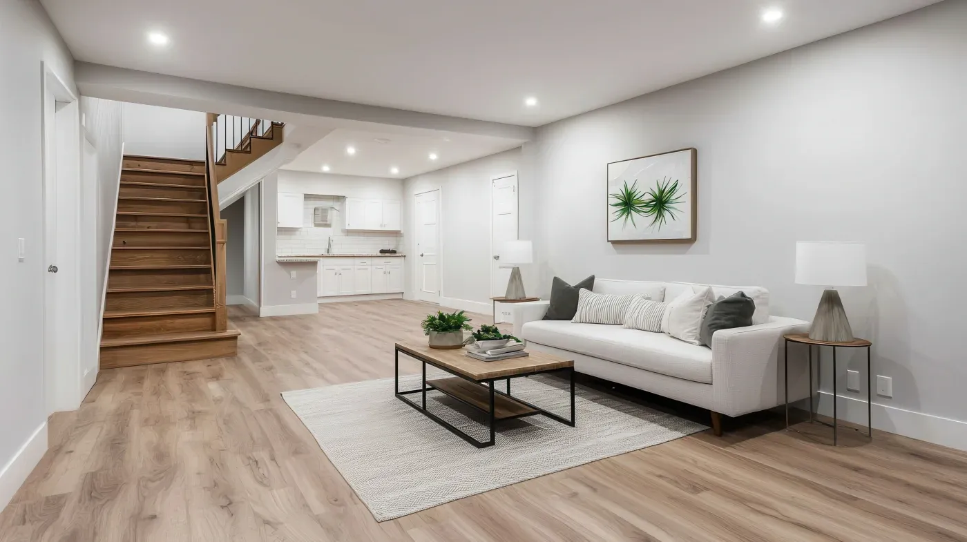 Modern living room with light wood floors, white walls, and a beige sofa with patterned cushions. A wooden coffee table sits on a cream rug. Artwork with green plants is above the sofa. A wooden staircase leads to an upper level, with a white kitchen in the background. The atmosphere is clean and serene.