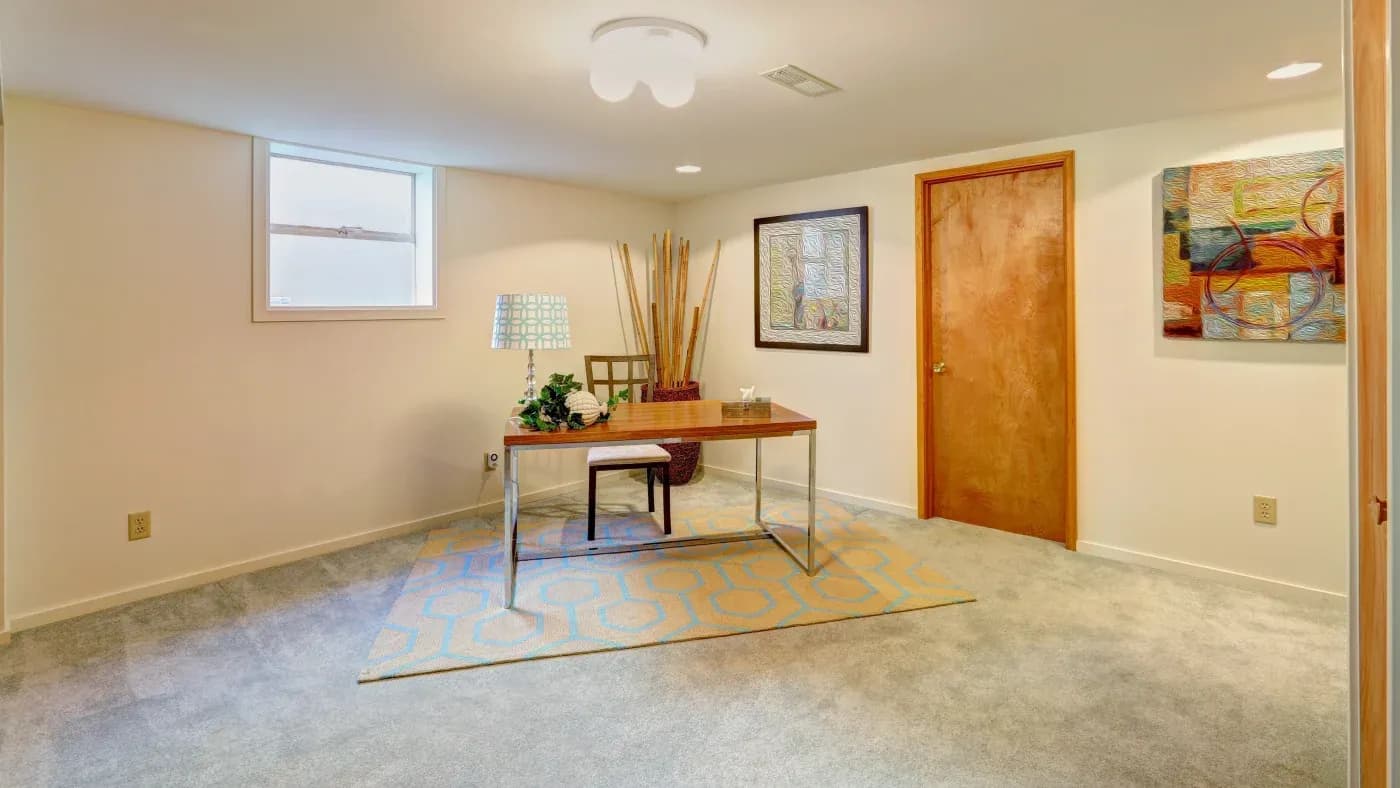 Modern home office with a wooden desk and chair on a geometric rug. Art pieces and plants add warmth, while soft lighting and neutral walls create a cozy feel.