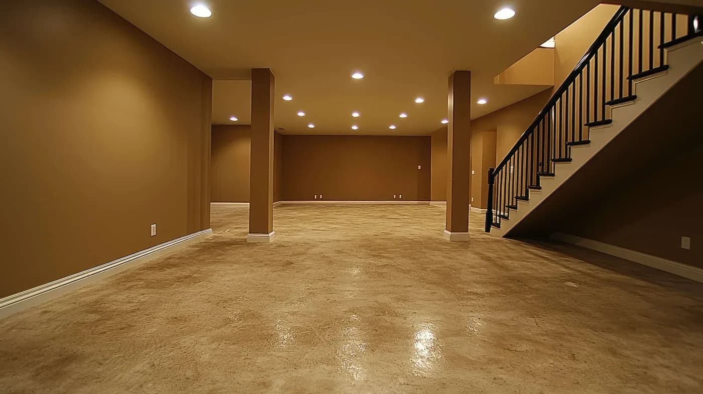 Spacious empty basement with polished concrete floors, warm brown walls, recessed lighting, support columns, and a black railing staircase on the right.
