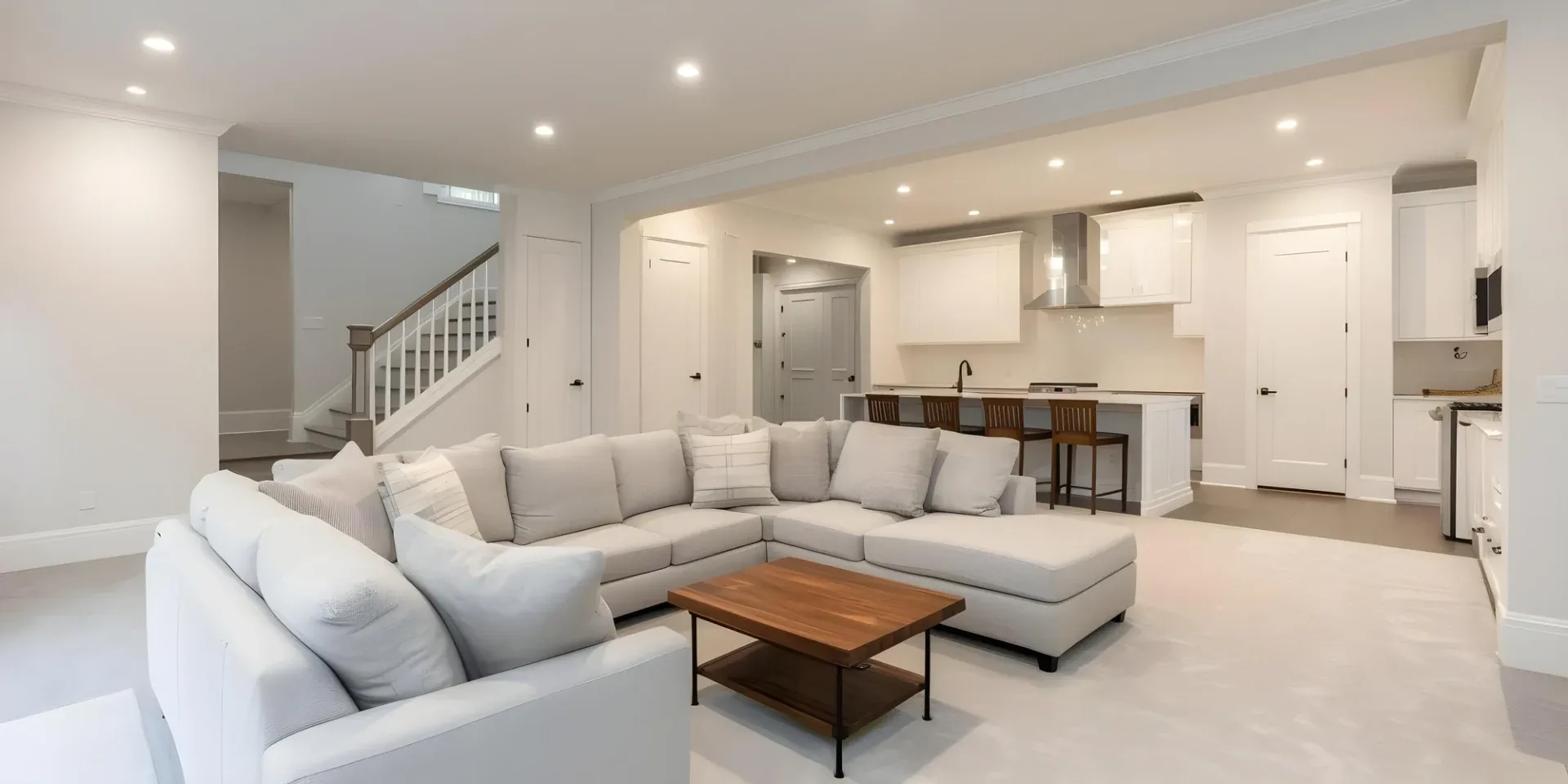 Spacious open-plan living room with a light gray sectional sofa and wooden coffee table. Background features a modern kitchen and sleek staircase.