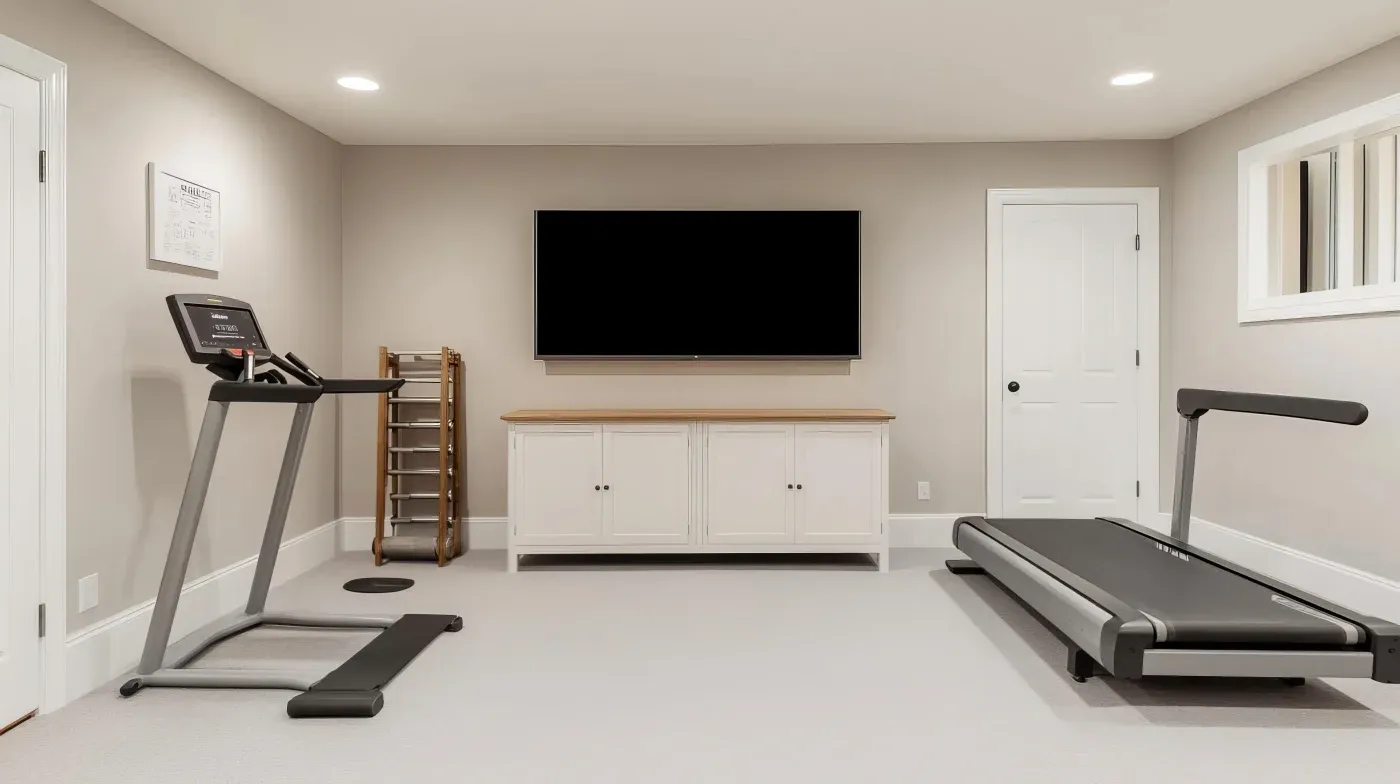 Home gym with treadmills, ladder, and TV on beige walls. White cabinets below TV. Bright, minimalistic, and organized space.