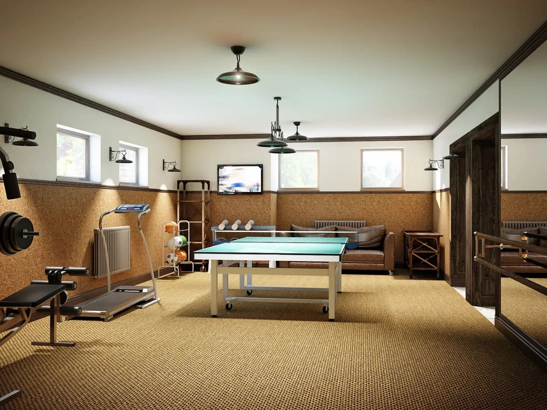 Cozy game room with a ping pong table, treadmill, and weight machine. A brown sofa and TV create a relaxed vibe. Soft lighting enhances warmth.