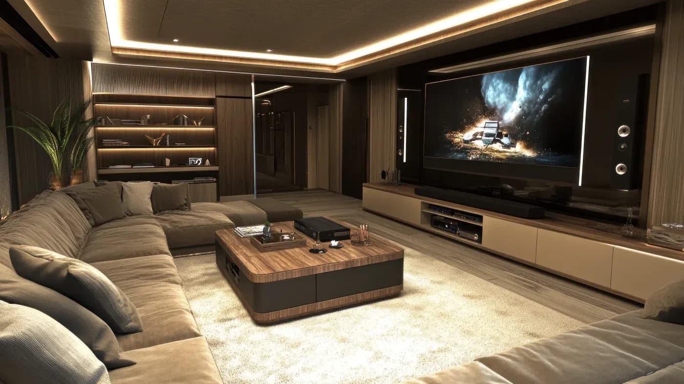 A luxurious home theater features a large, comfortable beige sectional sofa, a wooden coffee table, and a massive TV screen showing an action scene. The room is warmly lit with elegant built-in shelving and modern design elements, creating a cozy and sophisticated atmosphere.