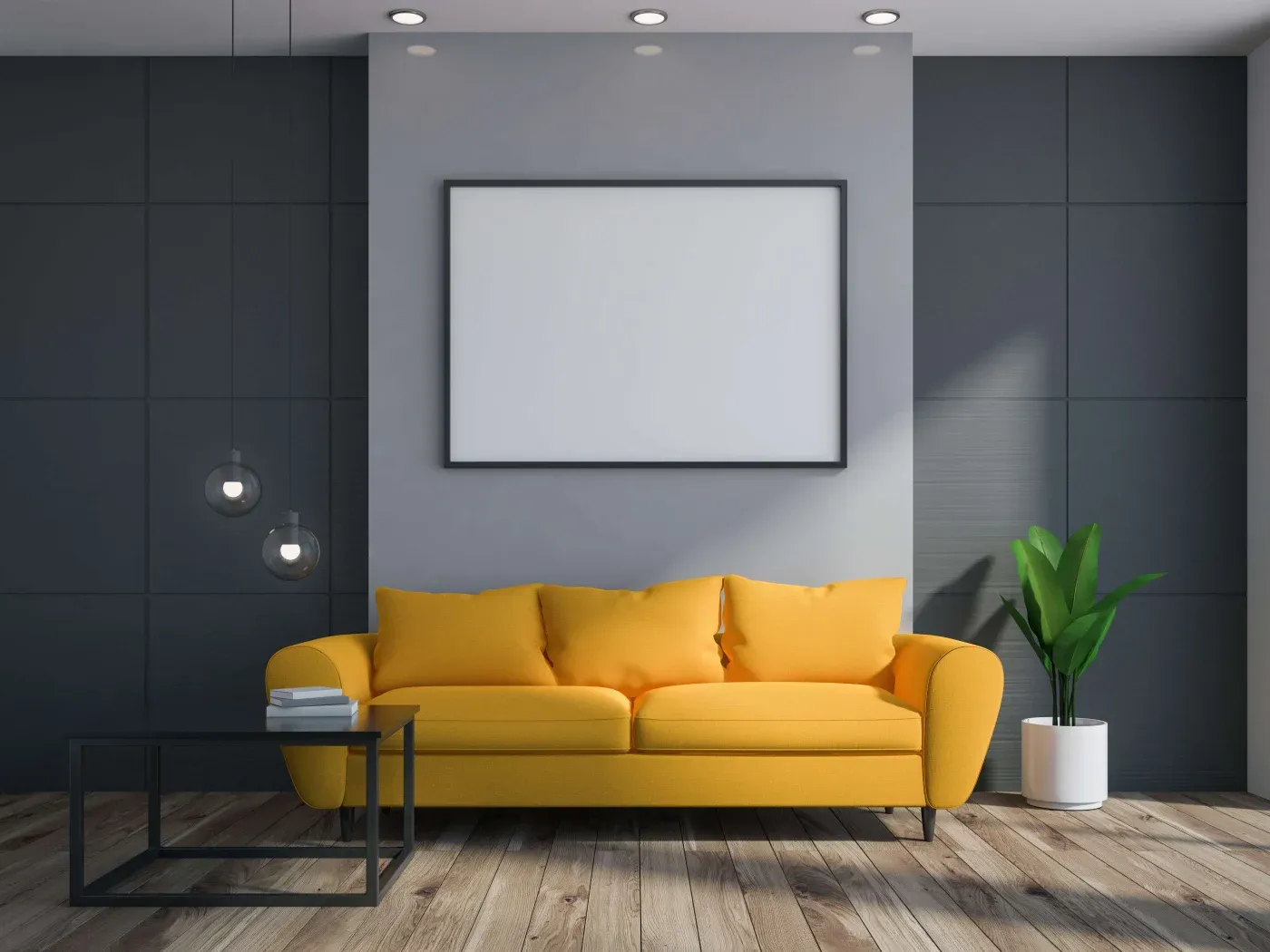 Modern living room with a bright yellow sofa, sleek gray walls, and wooden flooring. A blank frame hangs above, with a potted plant and pendant lights nearby.