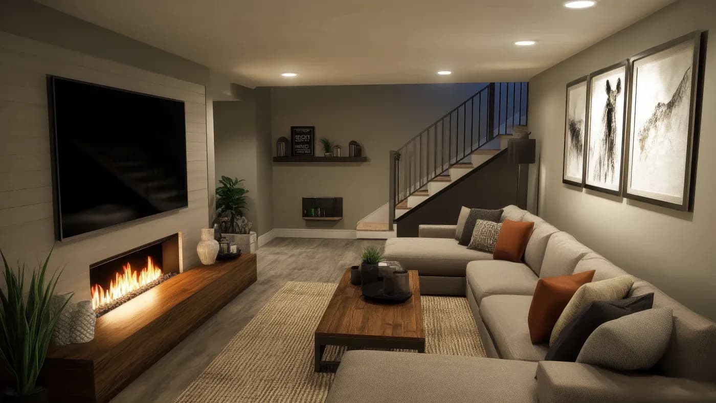 Modern living room with neutral tones, featuring a large sectional sofa with orange and gray cushions. A sleek fireplace below a wall-mounted TV adds warmth. A wooden coffee table sits atop a textured rug, flanked by plants. Abstract art adorns the walls, and a staircase with a black railing is seen in the background. Ambient lighting creates a cozy atmosphere.