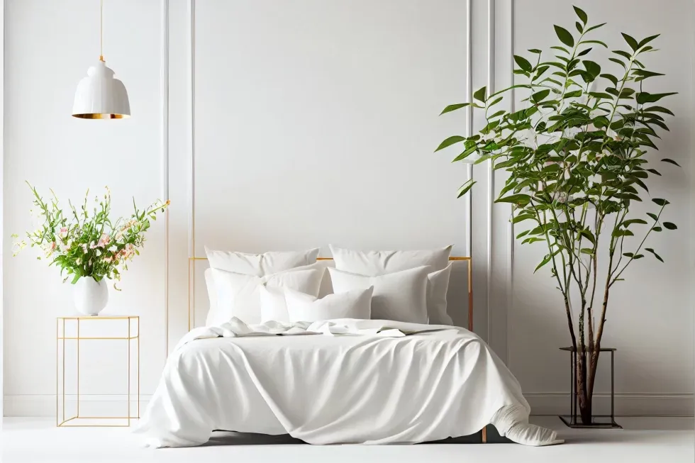 Minimalist bedroom with white bedding, a potted plant on the right, a vase with flowers on a side table, and a pendant light, conveying tranquility.