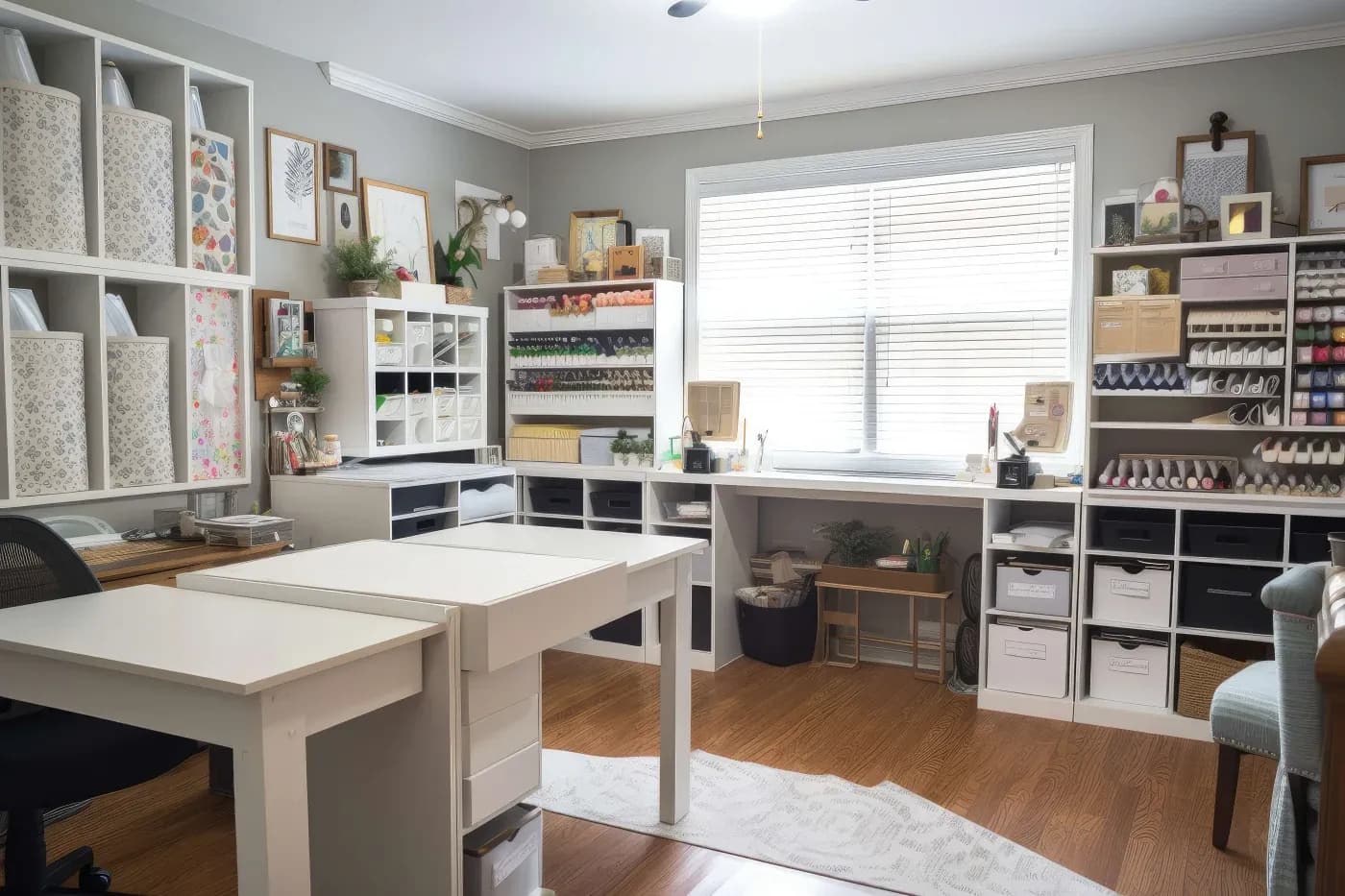Bright craft room with organized shelves filled with colorful supplies, a large window letting in natural light, and two white tables on wooden floors. Cozy and creative atmosphere.