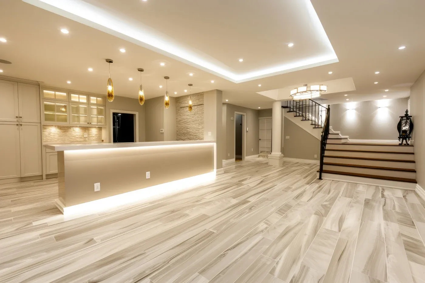 Spacious modern basement with light wood flooring, recessed lighting, and a sleek bar. Stairs lead up, creating an inviting and sophisticated atmosphere.