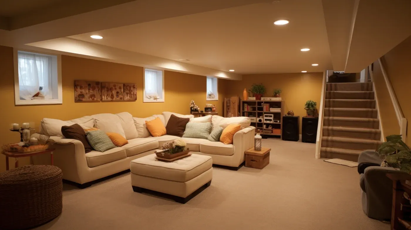 Cozy basement lounge with a white sectional sofa, colorful pillows, and a beige carpet. Warm lighting and shelves with decor create a relaxed vibe.