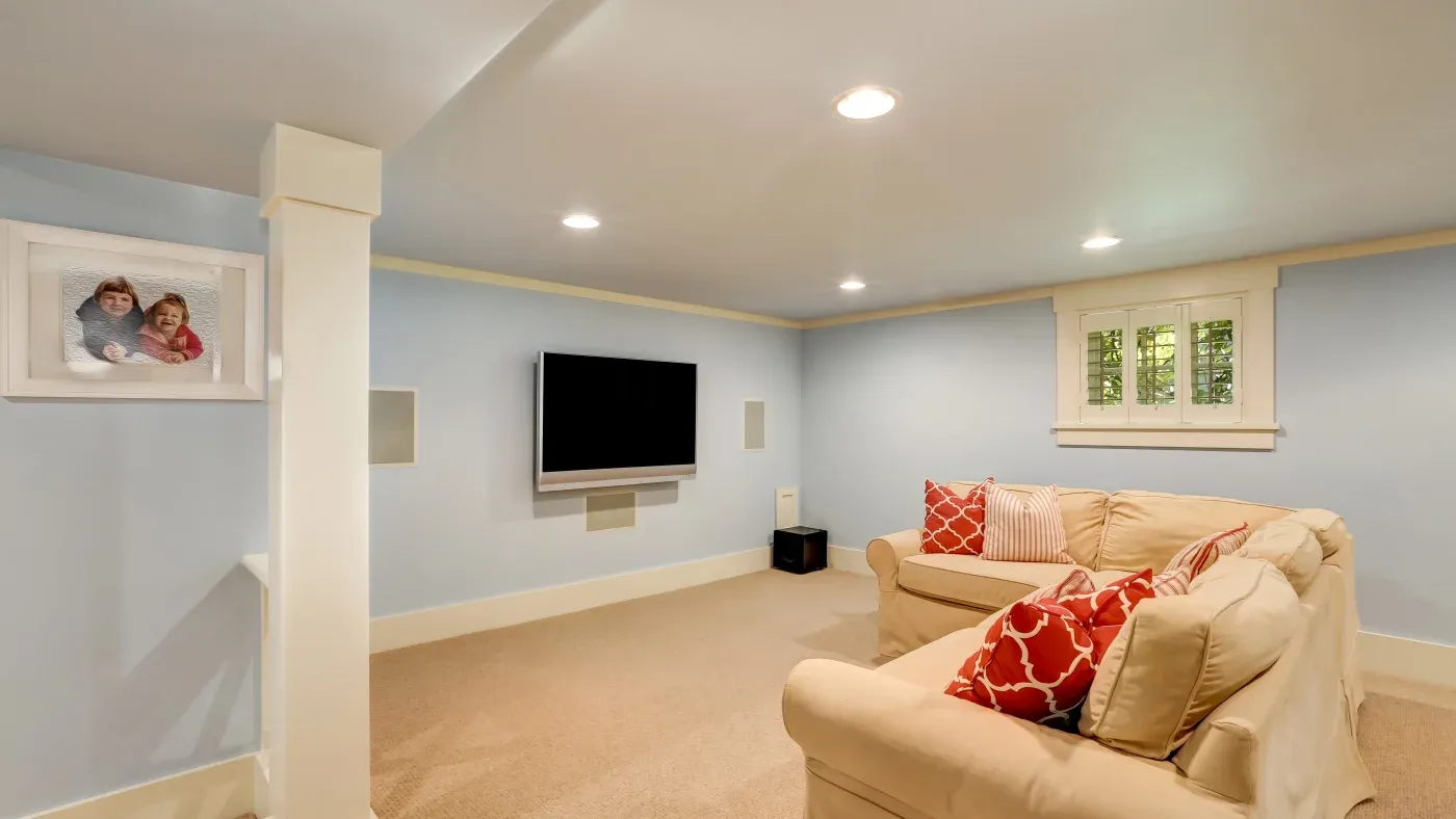 A cozy basement living room with light blue walls, beige carpeting, and a beige sofa adorned with red patterned pillows. A flat-screen TV is mounted on the wall. There's a framed family photo to the left and a small window with shutters on the right, creating a warm and inviting atmosphere.