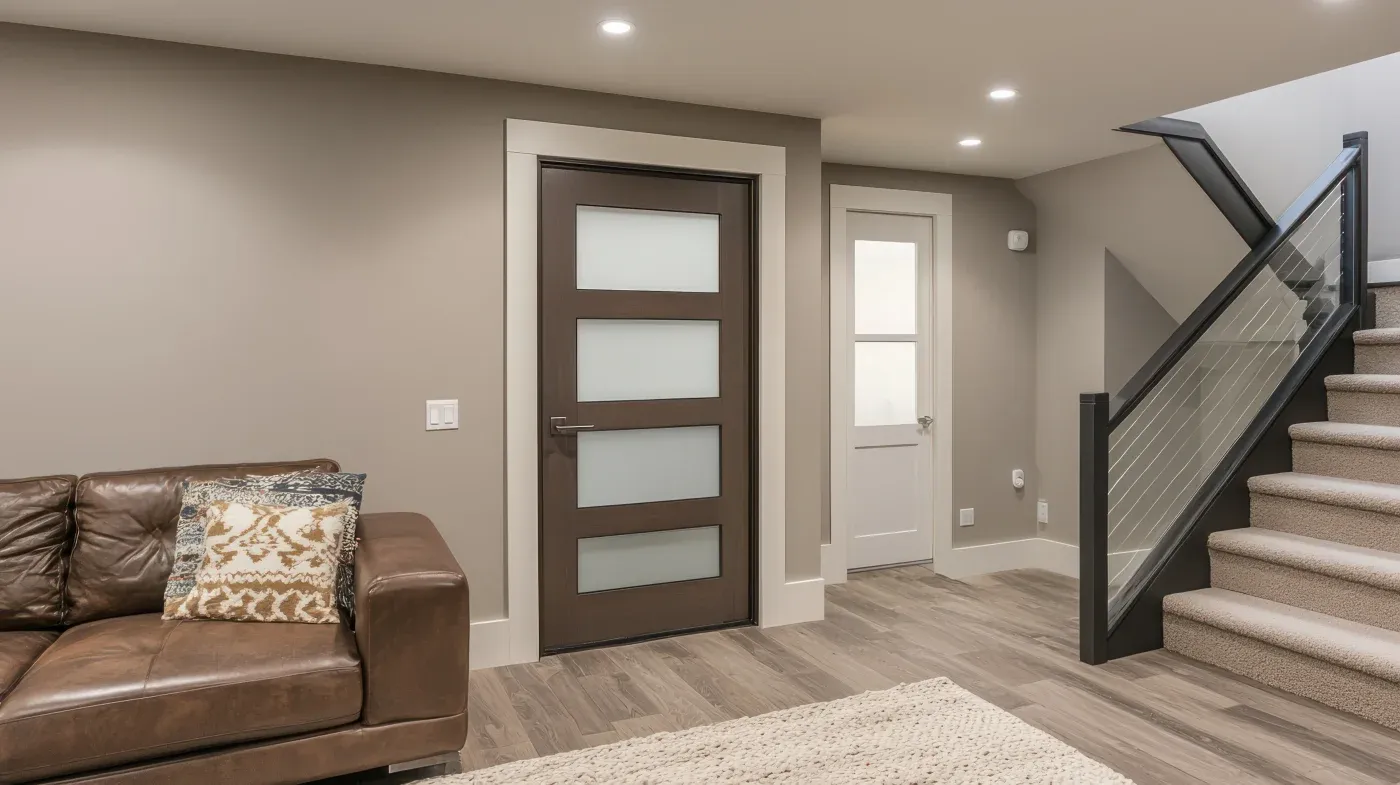 Modern basement with beige walls and wood flooring. Features a brown leather sofa, a decorative pillow, frosted glass doors, and carpeted stairs with a sleek railing.