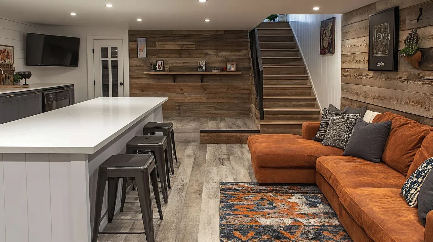 A modern basement features a warm, inviting design with a large orange sectional sofa, a sleek white kitchen island with bar stools, rustic wood paneling, and ambient lighting.