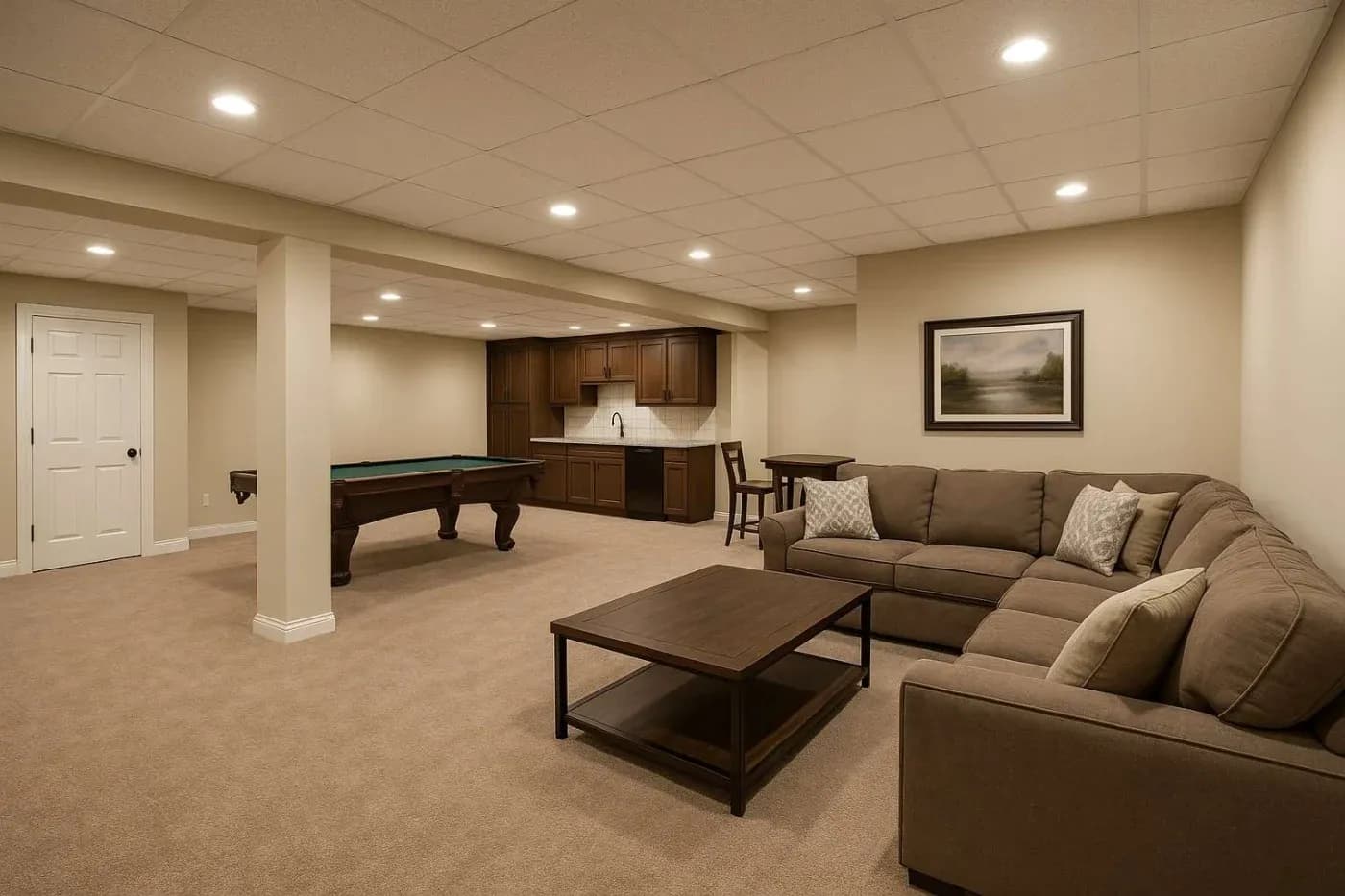A modern basement with recessed lighting features a cozy L-shaped sofa, a coffee table, a pool table, and a kitchenette with dark wood cabinets.