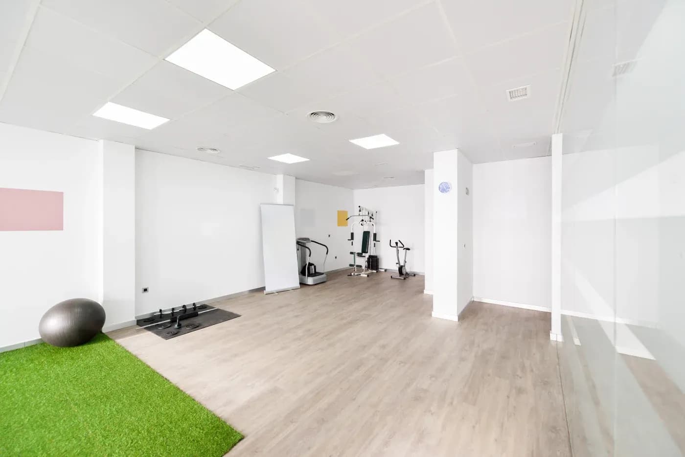 Minimalist gym space with wooden floors, a strip of artificial grass, exercise equipment, and a stability ball. Bright and clean ambiance.