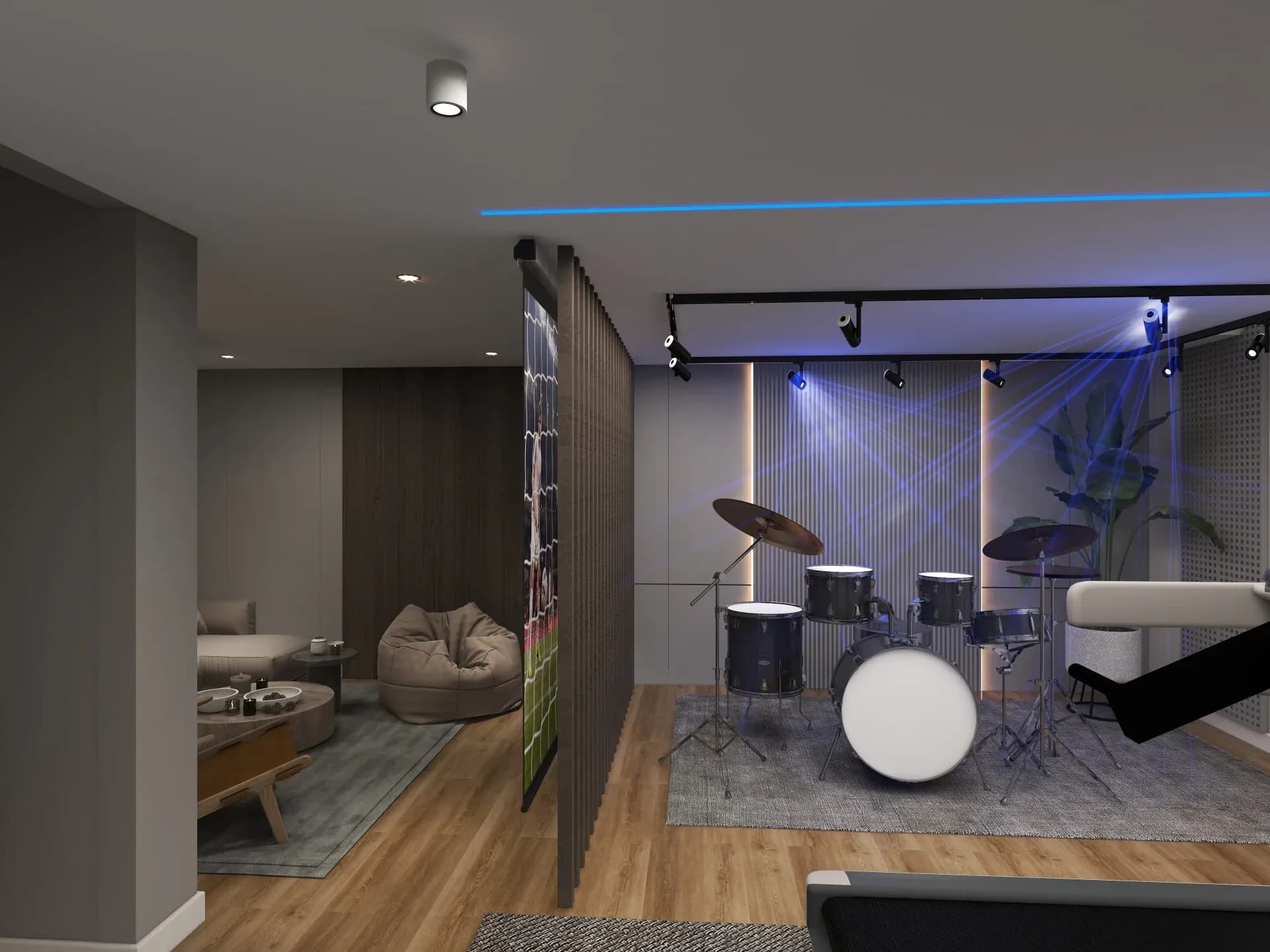 Modern room with drum set on a rug, spotlights, wooden floors, and a cozy seating area. A vertical divider features a soccer-themed design.