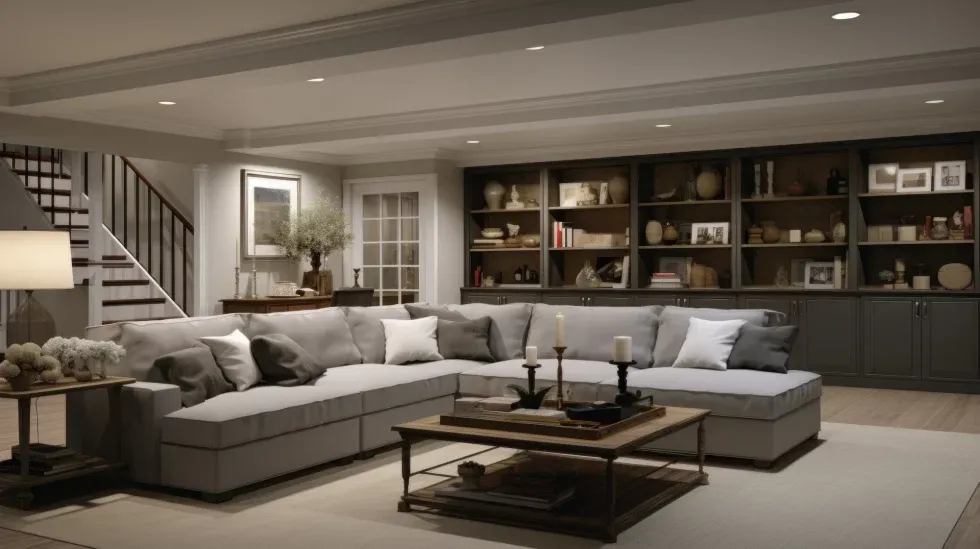 A cozy living room with a large gray sectional sofa, accented with cushions, in front of a warm-toned wooden coffee table and built-in shelves.