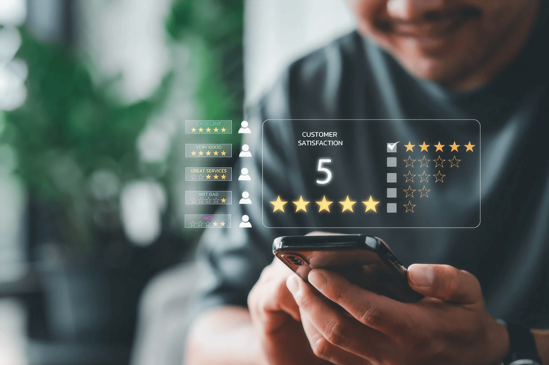 Man smiling while holding a smartphone, with holographic customer satisfaction ratings overlay, showing a score of 5 stars, conveying positive feedback.