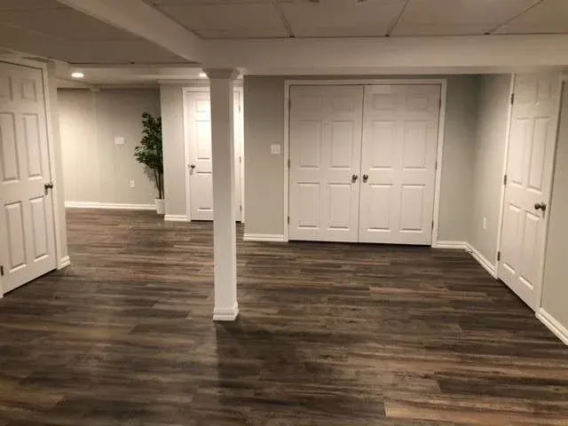 Spacious basement with light grey walls, dark wood flooring, and multiple white doors and columns. A small plant adds a touch of greenery.