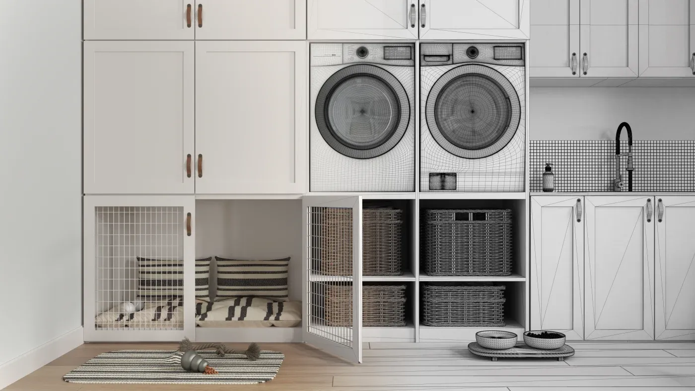 A modern laundry room with white cabinets, washer and dryer, and a built-in pet nook with cushions. Gray baskets, a striped rug, and pet bowls complete the cozy space.