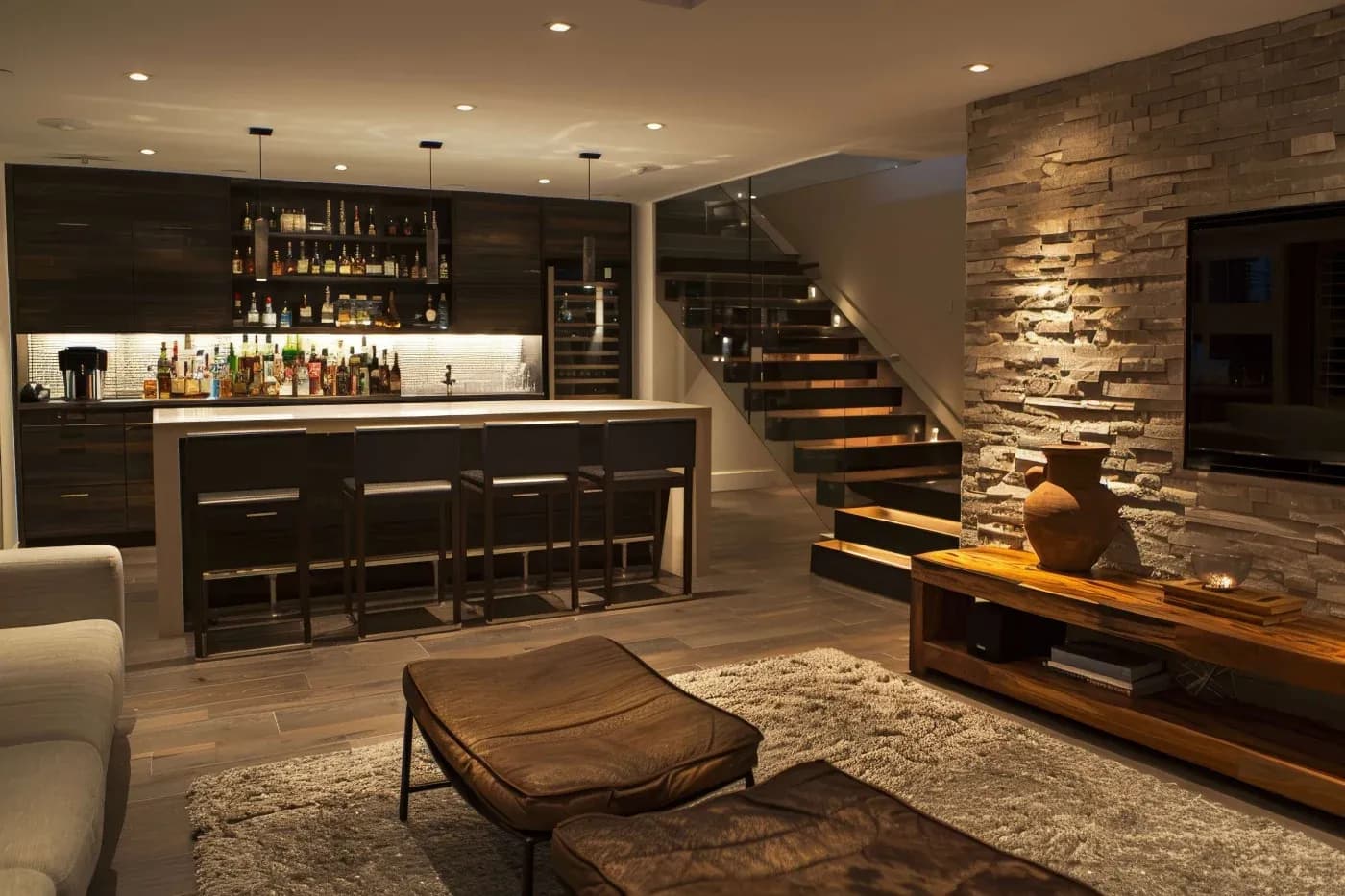 Sophisticated home bar with dark cabinetry, illuminated shelves of bottles, and bar stools. Warm lighting enhances the cozy ambiance of a modern lounge.