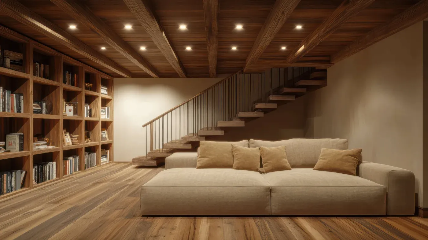 A cozy living room with a beige sofa, wooden bookshelves filled with books, a wooden staircase, and warm recessed ceiling lights, conveying a serene and inviting atmosphere.