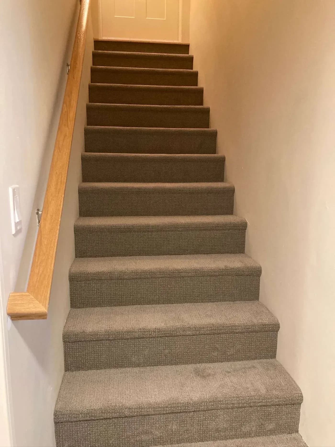 Carpeted stairs with a brown handrail on the left ascend between cream walls, leading to a closed door, creating a sense of anticipation and calm.