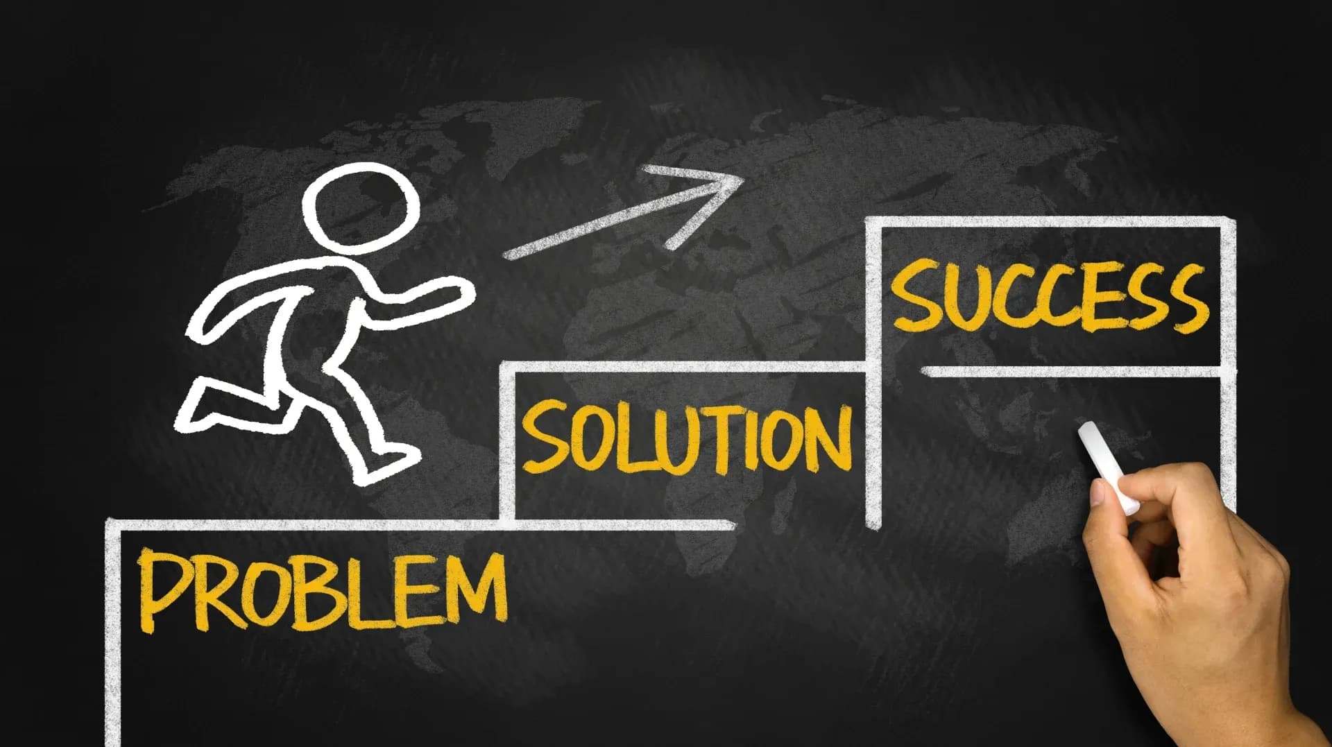 A hand draws chalk stairs labeled "Problem," "Solution," and "Success" on a blackboard. A figure climbs the steps with an arrow pointing upward, conveying progress.