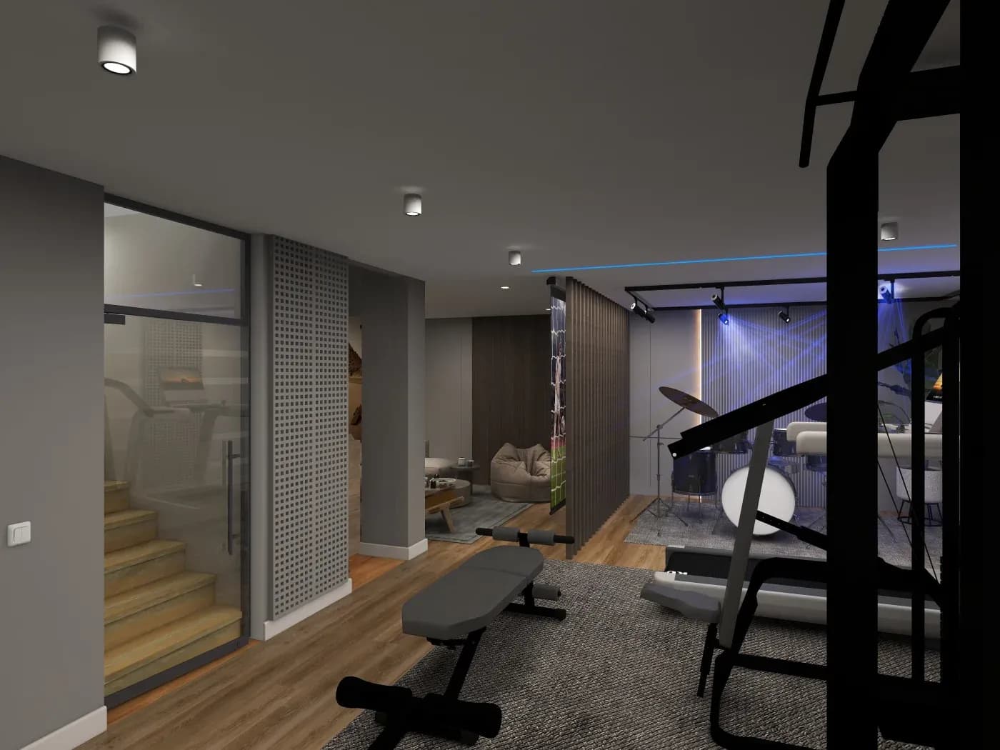 Modern home gym with sleek equipment and a padded bench on a gray rug. A cozy lounge area with bean bags and a drum set is visible in the background.