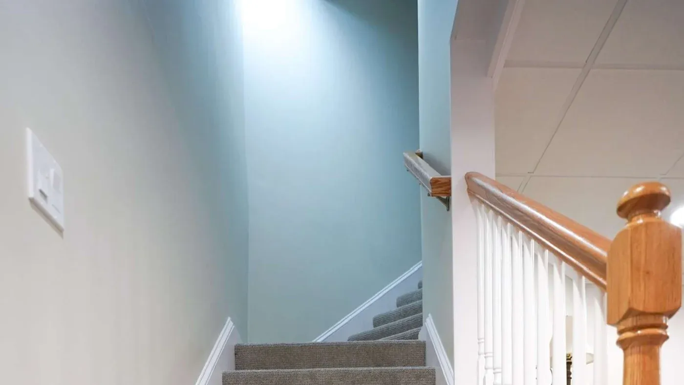 A carpeted stairway with soft gray walls leading upward. Natural light brightens the space. A wooden handrail outlines the stairs, creating a calm, inviting atmosphere.